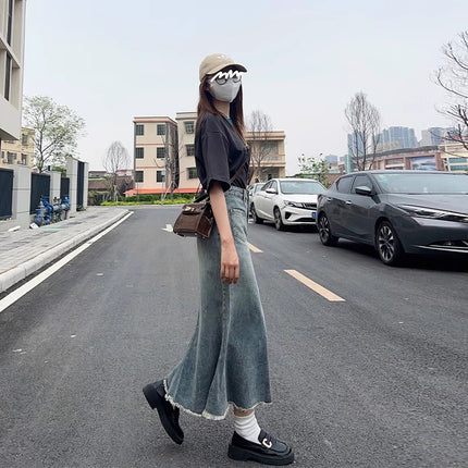 Hip Small Vintage Denim Fishtail Dress Women's Trendy All-match New High Waist Slimming Mid-length Hip Skirt