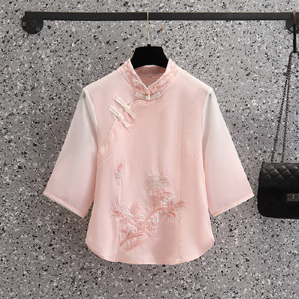 Vintage Chinese Top Set Large Size Chinese Style Seven-point Sleeve Cheongsam Peony Embroidered Gradient Pants Two-piece Set