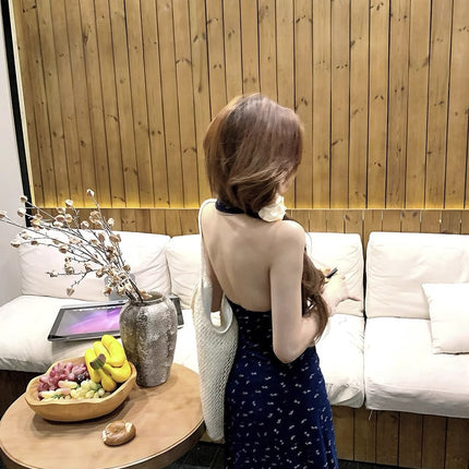 French Style Neck Waistline Floral Sling dress Women's Summer Niche Design Spice Girl Lace Stitching Tea Break Long Dress