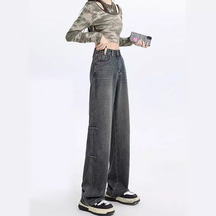 Retro Distressed Wide-leg Jeans for Women Summer 2024 New American High-waisted Loose Slimming Look Draped Floor-length Pants