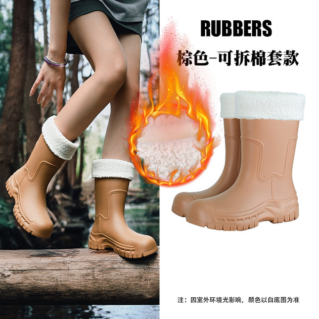 Korean and Japanese Cross-Border Women's Mid-Calf Outdoor Non-Slip Water Shoes, Thick-Soled Water Boots, Fleece-Lined Rubber Shoes, Rain Boots, Waterproof