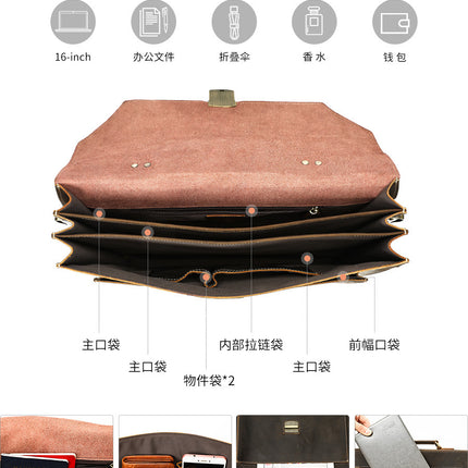 Masiwei Crazy Horse Leather 16-Inch Briefcase Business Retro Flap Laptop Bag Genuine Leather Handheld Document Bag Trendy
