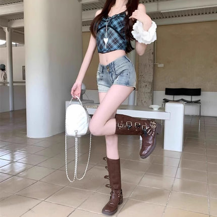 American Hot Denim Shorts for Women Summer New Sexy Sexy Elastic Retro Rivets Low Waist Hip Hot Pants