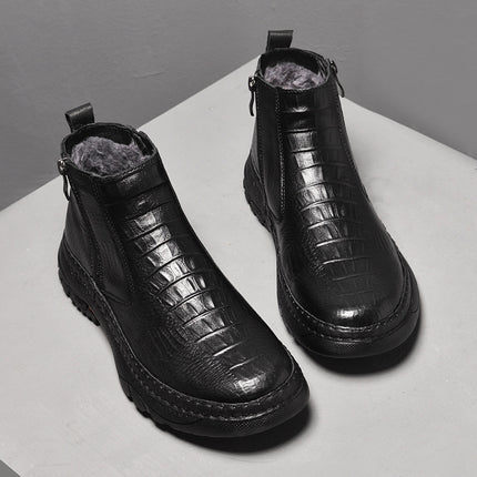 Men's Shoe Top Layer Cowhide Short Boots Business Leather Boots Outdoor Casual Autumn and Winter High Top Zipper Set Foot Crocodile Cotton Boots