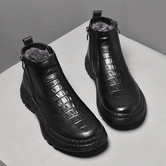 Men's Shoe Top Layer Cowhide Short Boots Business Leather Boots Outdoor Casual Autumn and Winter High Top Zipper Set Foot Crocodile Cotton Boots