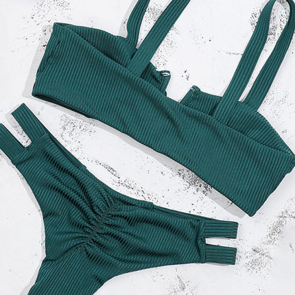 Billion Swimming 2024 Cross-border New Solid Color Bow Low Waist Bikini Women's European and American Sexy Split Swimsuit