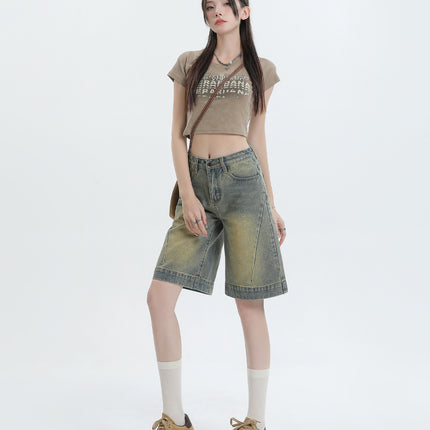 American Retro Old Washed Denim Shorts New Loose Slimming High Waist Non-bullet Mid-length Pants