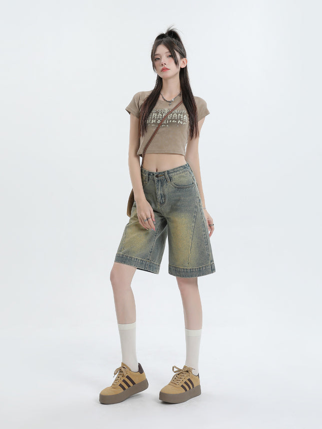American Retro Old Washed Denim Shorts New Loose Slimming High Waist Non-bullet Mid-length Pants