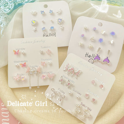 Exquisite Pink Zircon Butterfly Earrings suit Light Luxury High-end Earrings Sweet Fairy Style Earrings Summer Seaside