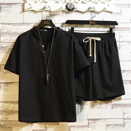 Cotton and Linen Short-Sleeved Shorts Suit for Men, Chinese Style Loose Large Size Collared Shirt, Summer Trendy Casual Sports Two-Piece Set Tang