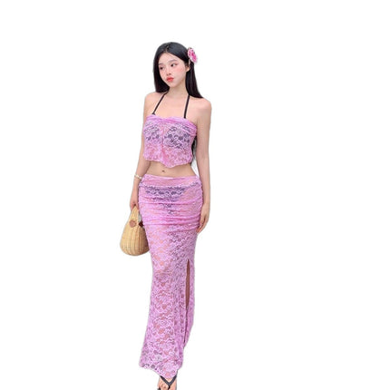 European and American Cross-Border 2025 New Sexy Slim Two-Piece Lace See-Through Suspender Top Skirt Swimsuit for Women