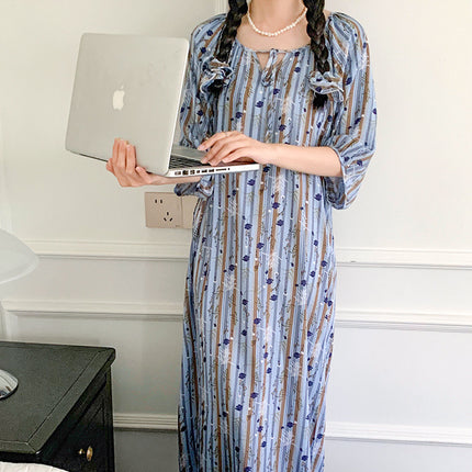 Mishiti Cotton Silk New Chinese Style Short-Sleeved Nightgown for Women, Summer Thin Style, National Style Cotton Silk Home Wear, Can Be Worn Outside