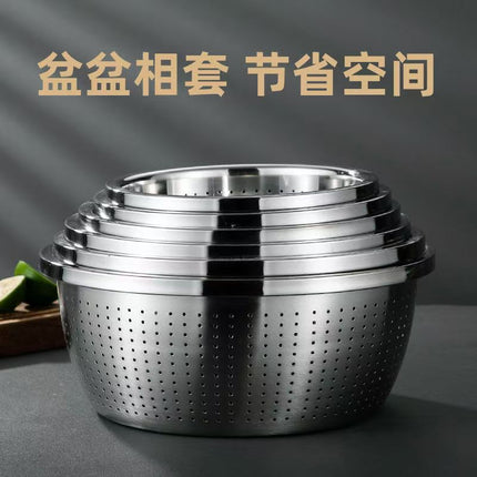 304 Stainless Steel Basin Drain Basket Vegetable Basket Household Rice Washing Sieve Thickeneded Cooking Basin and Basin Vegetable Basin Wholesale