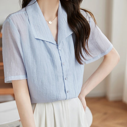 Light Blue Sky Silk Short Sleeve Shirt Women's Texture Pattern 2025 Summer New Loose Casual Top