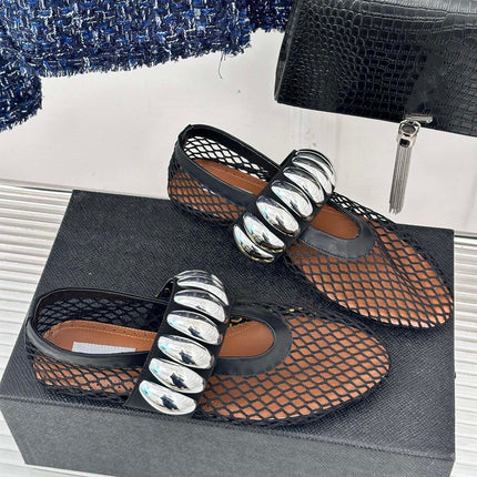 Metal Buckle Mesh Mary Jane Shoes Women's 2024 Summer New Fashionable Flat Comfortable Ballet Dancing Shoes