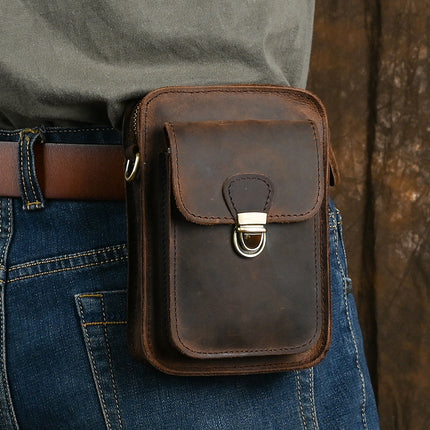 Vintage Men's Genuine Leather Small Bag Top Layer Crazy Horse Leather Crossbody Wearing Belt Mobile Phone Bag Men's Outdoor Casual Hanging Bag Cigarette Bag