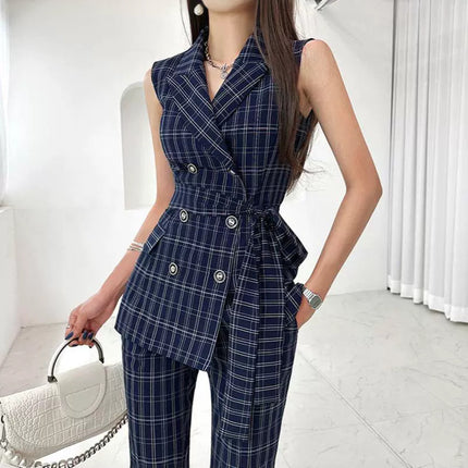 Yujie Style Checkerboard Professional Suit Two-Piece Cross-Border Women's Summer New Waist-Cinching Suit
