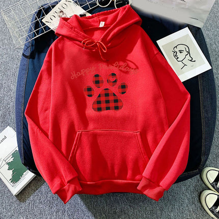 Happy Pawlidays Red Plaid Dog Feet Printed Hooded Sweat Autumn/Winter European Men's and Women's Top