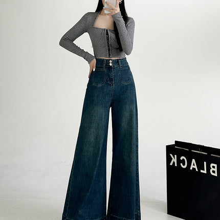 Stretch Retro Large Wide Leg Horn Jeans Women's 2024 Autumn New Loose Elegant All-match Mop Pants