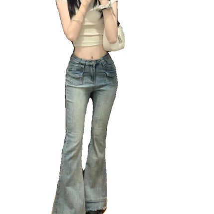 Vintage Women's Jeans Autumn Slim Fit Bootcut Pants Petite Slimming Flared Pants High-Waisted Drape Floor-Length Trousers
