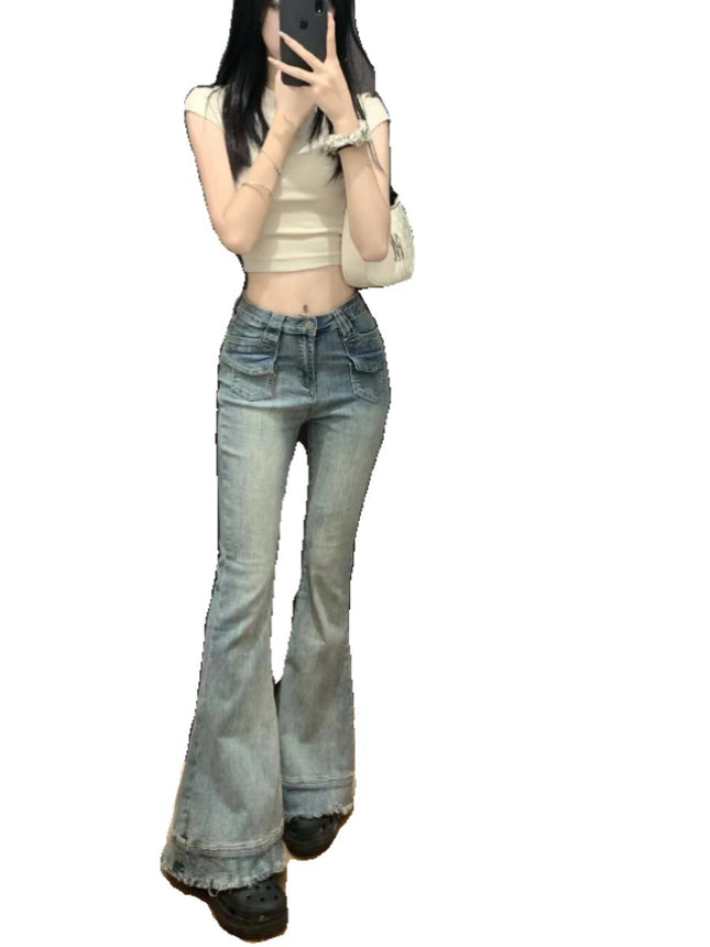 Vintage Women's Jeans Autumn Slim Fit Bootcut Pants Petite Slimming Flared Pants High-Waisted Drape Floor-Length Trousers