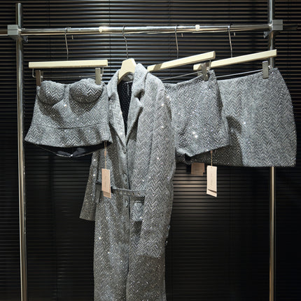 Lapel Long Sleeve Herringbone Woolen Drill Coat Coat with Strapless Shorts Short Skirt High Style Four-Piece Set
