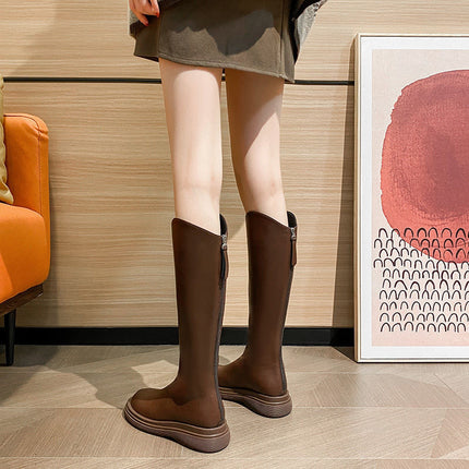 Fashionable and Elegant Long Slim Boots with Back Zipper, Knee-High Thick-Soled High Boots, 2025 Spring New Plush Women's Boots