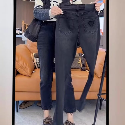 Autumn New High Waist Retro Stretch Straight Jeans plus size Styliky All-match Slim-fit Rouge Cropped Pipe Pants