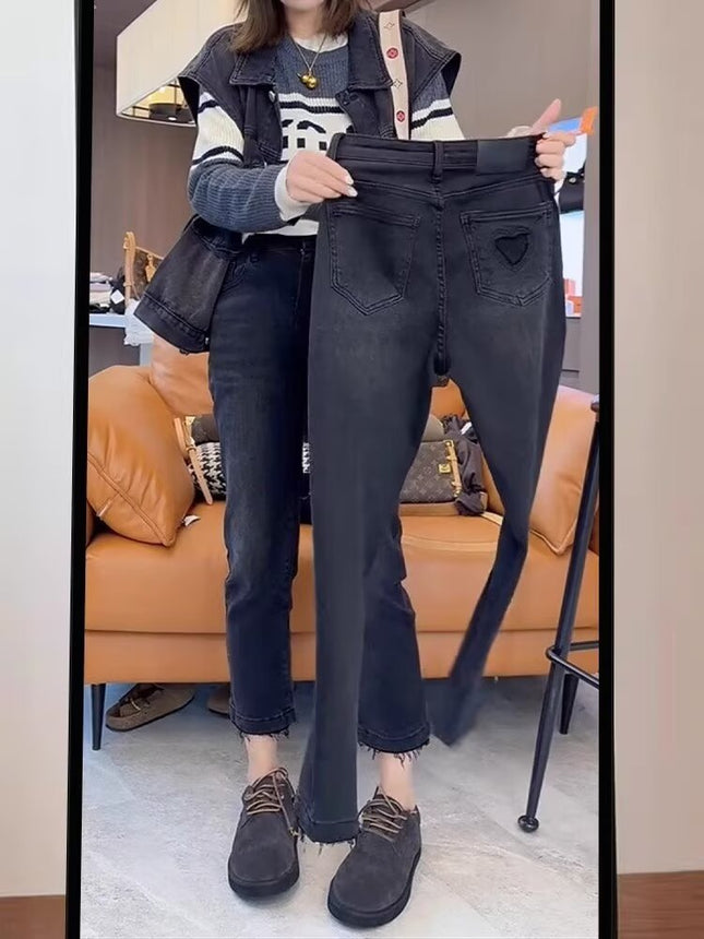 Autumn New High Waist Retro Stretch Straight Jeans plus size Styliky All-match Slim-fit Rouge Cropped Pipe Pants
