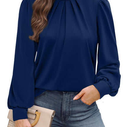 European and American Amazon Cross-Border Autumn and Winter New Long-Sleeved Shirt Small Stand-Up Collar Pleated Front Shirt Casual T-Shirt Top for Women