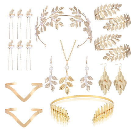 Cross-Border European and American Bridal Leaf Headband Baroque Golden Leaf Headdress Bracelet Earrings Arm Ring Hairpin Hair Accessories