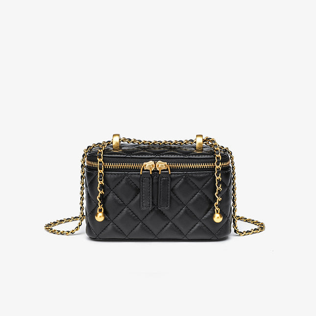 Spring and Summer Chanel Style Gold Ball Diamond Plaid Chain Bag Genuine Leather Women's Bag 2024 New Mini Lipstick Box Bag Crossbody Bag