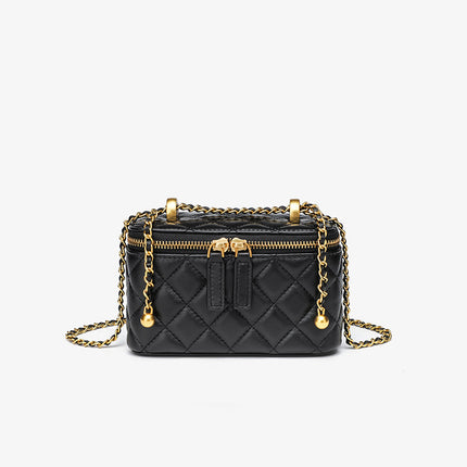 Spring and Summer Chanel Style Gold Ball Diamond Plaid Chain Bag Genuine Leather Women's Bag 2024 New Mini Lipstick Box Bag Crossbody Bag