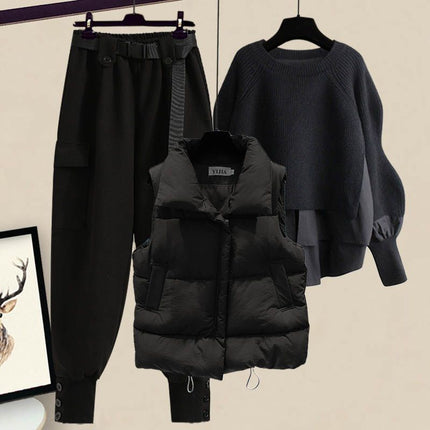 plus size women's autumn and winter suit women's 2024 new wear western style vest shirt slim cargo pants three-piece set