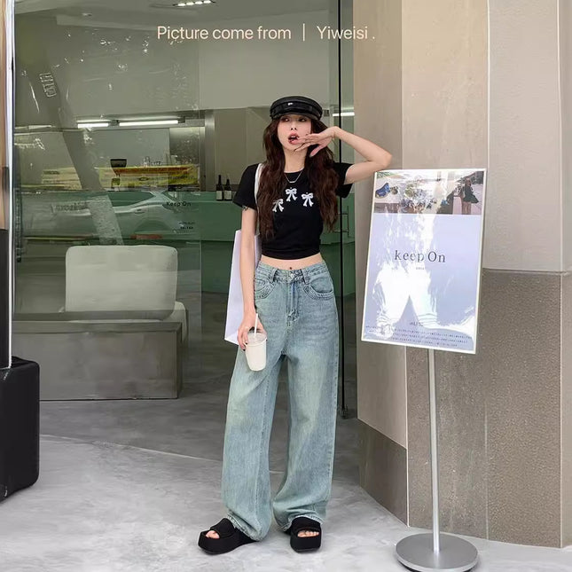 2024 New Spring wash blue loose leg leisure straight Denim mop trousers female