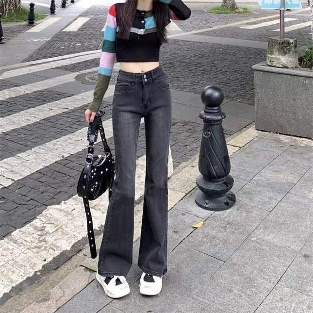 Black Grey Micro La Jeans Women's Autumn Trendy All-match New High Waist Slimming Slim-fit Trumpet Long Pants