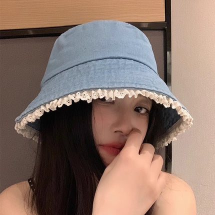 Cute Fisherman Hat Lace Denim Sunscreen Basin Hat Sense Sunshade College Style Face Small Bucket Hat Women