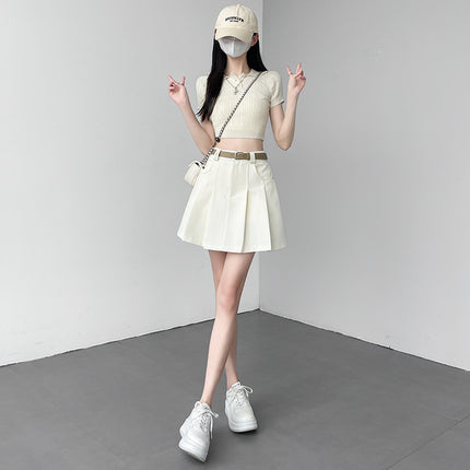 Sky Blue Pleated Skirt Women's Summer New High Waist Slimming All-Match A- Line Skirt Anti-Light Hip Short Skirt