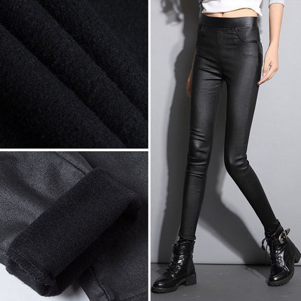 Women's Faux Leather Leggings for Outerwear, Popular Style, Extended Length, High-Waisted, Slimming, Matte Pu Imitation Leather, Skinny Pants, Trendy for Autumn 2025