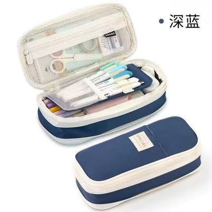 Cross-Border Color-Blocked Retractable Pencil Case, Large-Capacity Stationery Bag, Multifunctional Double-Zipper for Students, Simple and Convertible into Canvas