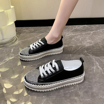 Internet Celebrity Rhinestone Fashion Large Size Single-layer Shoes Women's 2024 New Korean Style Lace-up Niche Design Casual Comfortable Sneakers