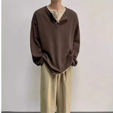 Korean Style Lazy Style Fake Two-piece T-shirt Men's Long-sleeved American Style Retro Henry Sweater Niche Double-layer Collar Base Sweater