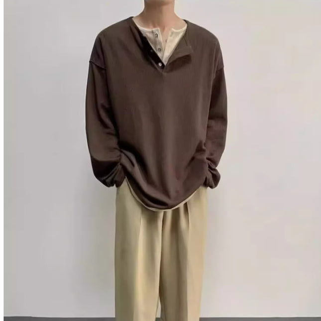Korean Style Lazy Style Fake Two-piece T-shirt Men's Long-sleeved American Style Retro Henry Sweater Niche Double-layer Collar Base Sweater