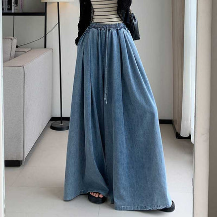 Real shot 2025 spring new loose plus size jeans women's wide leg slim mop pants women's simple trouser skirt