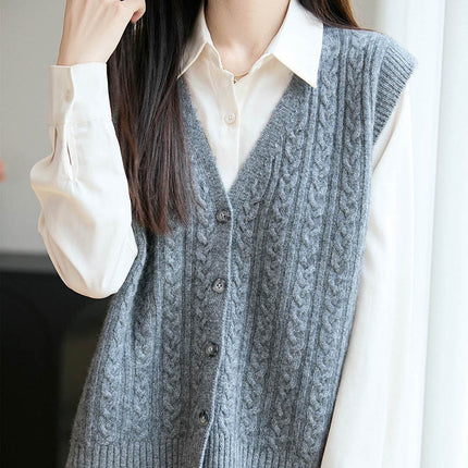 French Retro Twist Knitted Vest Cardigan for Women 2025 New Pure Wool Knitted Cable Loose Layered Jacket