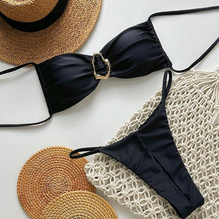 2025 Cross-Border European and American Swimsuit Split Pure Color Glossy Double Fabric Sexy Bikini Bikini Export