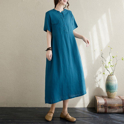 2025 Summer New Japanese Artistic Short-sleeved Cotton and Linen dress Women's Loose Slimming Solid Color Round Neck Long Skirt