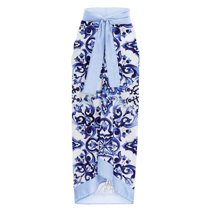 2024 European and American Amazon AliExpress one-piece swimsuit backless applique blue and white porcelain printed swimsuit suit women's 2366
