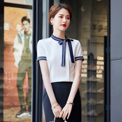 Summer Korean fashion stand collar bow short sleeve shirt women's business shirt work clothes hotel front desk work clothes