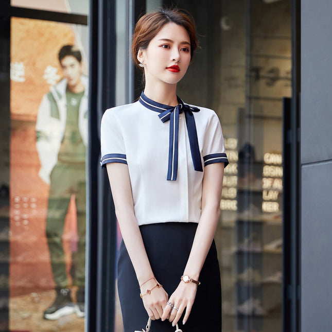 Summer Korean fashion stand collar bow short sleeve shirt women's business shirt work clothes hotel front desk work clothes